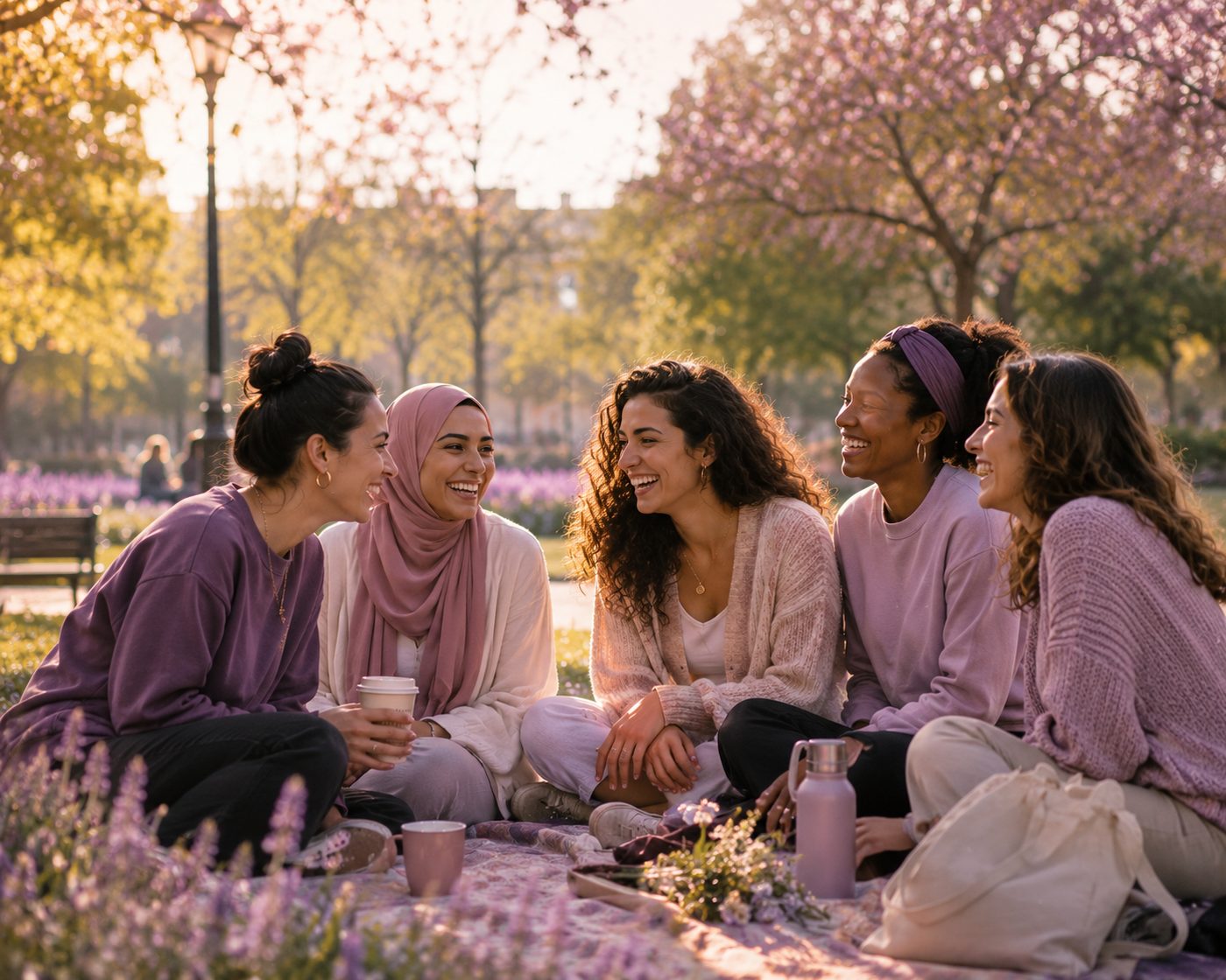 Des amies réunies pour un pique-nique au parc, en fin de journée